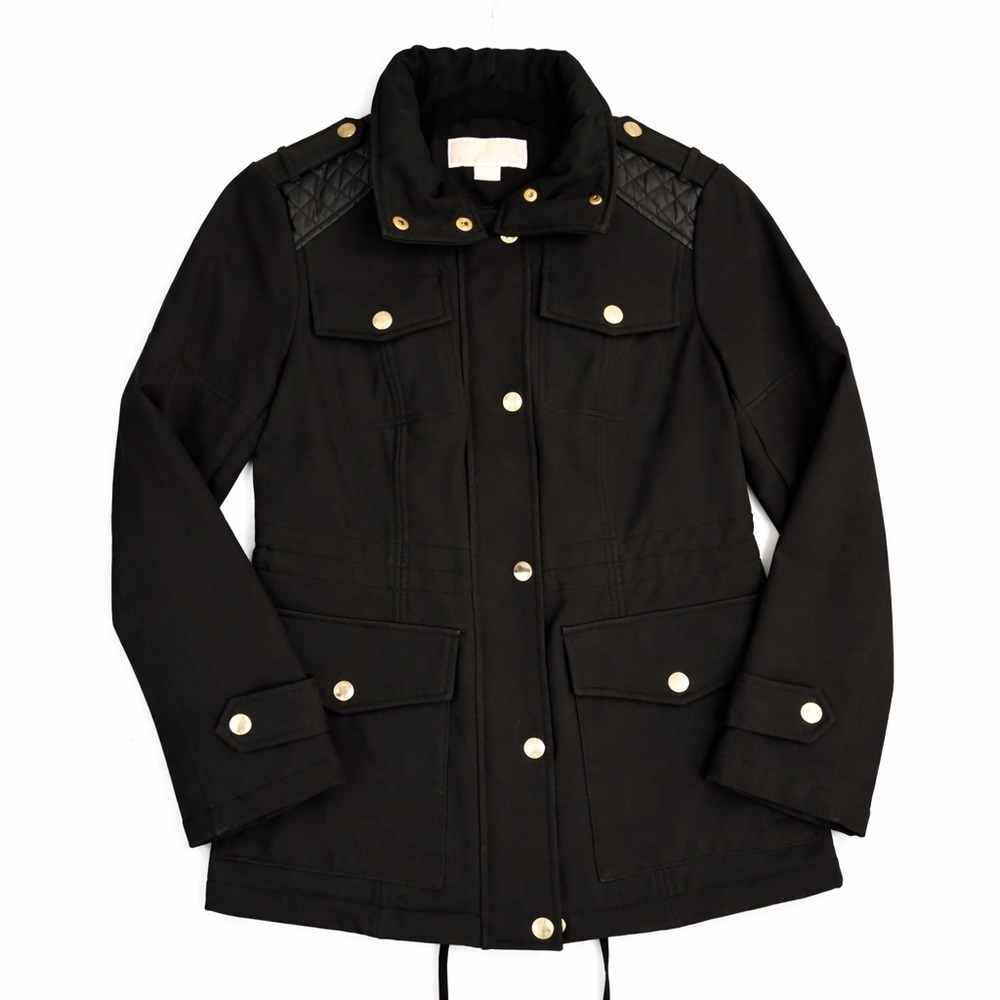 Michael Kors Black Utility Jacket with Quilted Shoulders Size Petit Small
